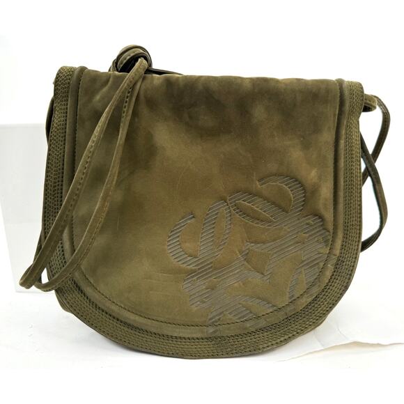 Loewe Green Anagram Suede Snap Top Crossbody Purse - Picture 1 of 11